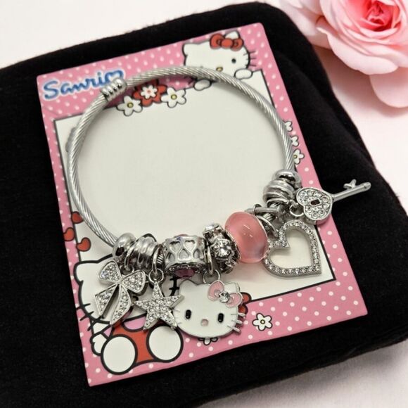 Hello Kitty Beaded Charm Bracelet Rhinestone Silver Heart Bow Cat Star Jewelry - Picture 8 of 12